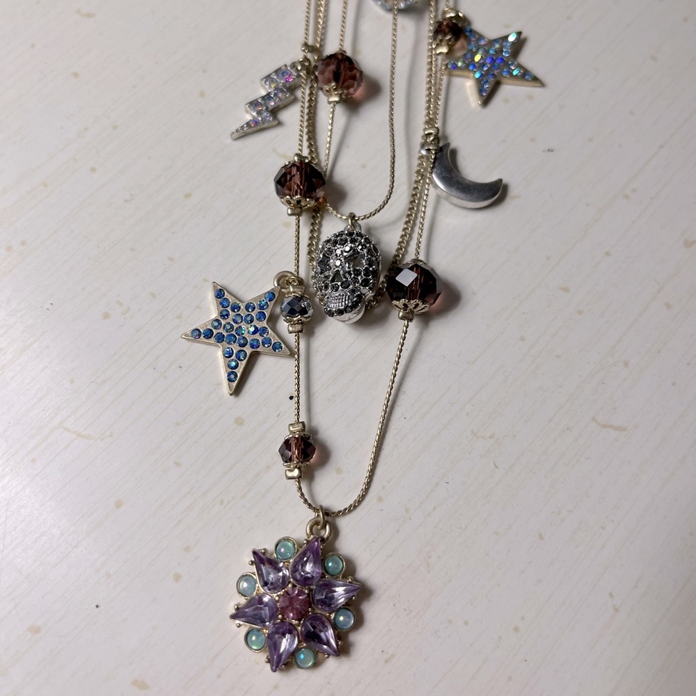Betsey Johnson Necklace - sun moon stars skull - gold tone